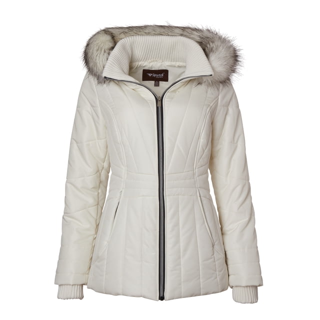 Sportoli Womens Winter Coat Faux Fur Trim Hooded Down Alternative Puffer Jacket - Cream (3X)