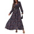 thumbnail image 1 of Robe Maxi Évasée à Imprimé Floral pour Femme, Col en V, Manches Longues, Décontractée, Portefeuille, Automne, Plage, Évasée, 1 of 9