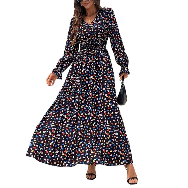 Robe Maxi Évasée à Imprimé Floral pour Femme, Col en V, Manches Longues, Décontractée, Portefeuille, Automne, Plage, Évasée