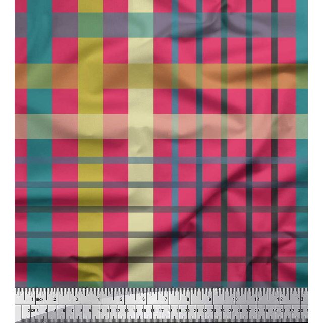 Soimoi Pink Silk Fabric Check Check Printed Craft Fabric by the Yard 42 Inch Wide