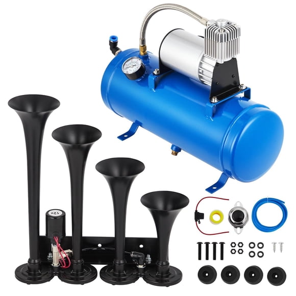 Ensemble de Bocines de Train de 4 Trompettes, Ensemble de Bocines de Route de 150 DB avec Vitesse de 0,8 Gallon et Compteur de Route de 150 PSI, Bocines de Route de 12 V pour Camionnettes, coches