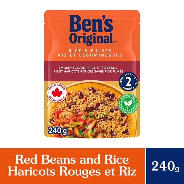 BEN'S ORIGINAL Rice & Pulses Red Beans & Rice Side Dish 240g pouch featuring smokey flavoured long grain parboiled rice with red beans and New Orleans-style seasoning, ready in 2 minutes, shown with a serving suggestion on the front packaging.