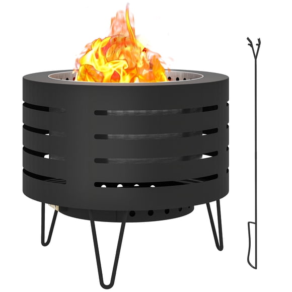 Outsunny Round Fire Pit with Fire Poker, Fireplace with Ash Tray, Black