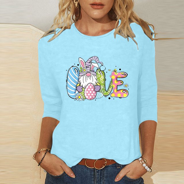 Xihbxyly Hauts Grande Taille pour Femmes Manches 3/4 T-shirt Imprimé Col Rond de Pâques Manches 3/4 Chandail Col Rond Cadeau de Vacances