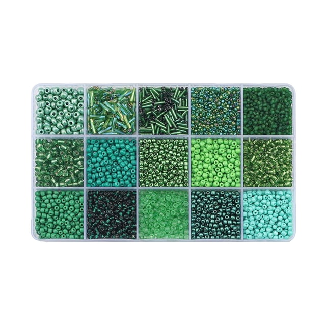 KLKCMS Colorful Round Glass Beads Set Accessory in dark green tones, featuring a 15-grid storage box with various shades of green beads. The beads are made of high-quality glass with smooth surfaces and come in sizes of 2mm, 3mm, and 4mm. Ideal for DIY jewelry making, including bracelets and necklaces.