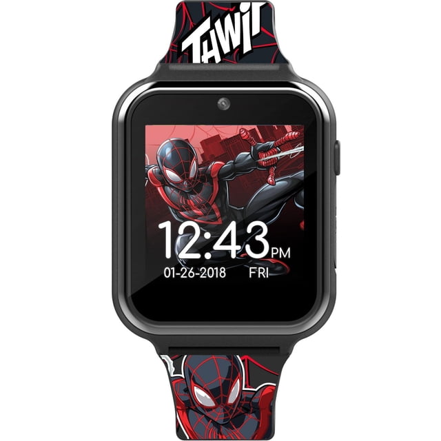 Spider-Man Spiderman Montre Interactive à Écran Tactile avec Caméra Affichant l'Heure Numérique 12:43 PM, date 01-26-2018, et le Jour du Vendredi sur un Écran Tactile Animé en Costume Noir et Rouge, Présentant des Graphiques Spider-Man Noirs et Rouges Assortis sur le Bracelet en Plastique, Conçue comme une Montre Intelligente Interactive pour Enfants avec Caméra et Jeux.