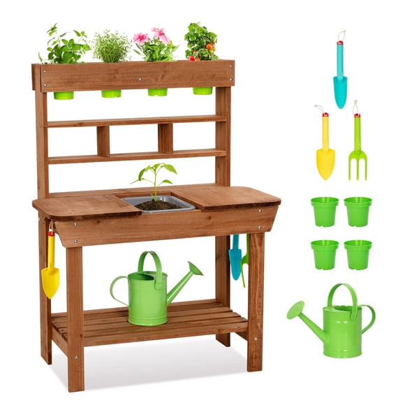 OOOK Banc de Rempotage avec Évier Amovible, Bancs de Rempotage pour l'Extérieur, Cuisine de Boue pour Enfants pour l'Extérieur avec Outils de Jardinage, Arrosoir, Pot de Fleurs, Idéal