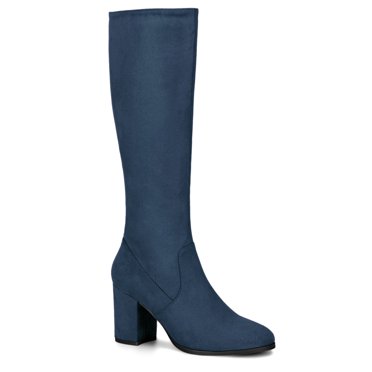 BLISSFUL STEP Bottes à Talon Bloc Épais pour Femmes Fermeture Éclair Latérale Hauteur Genou Bleu Marine 6