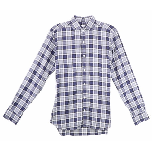 Barba Napoli Men's Navy / Grey Soft Cotton Plaid Chevron Button-Up Shirt Casual Button-Down - S