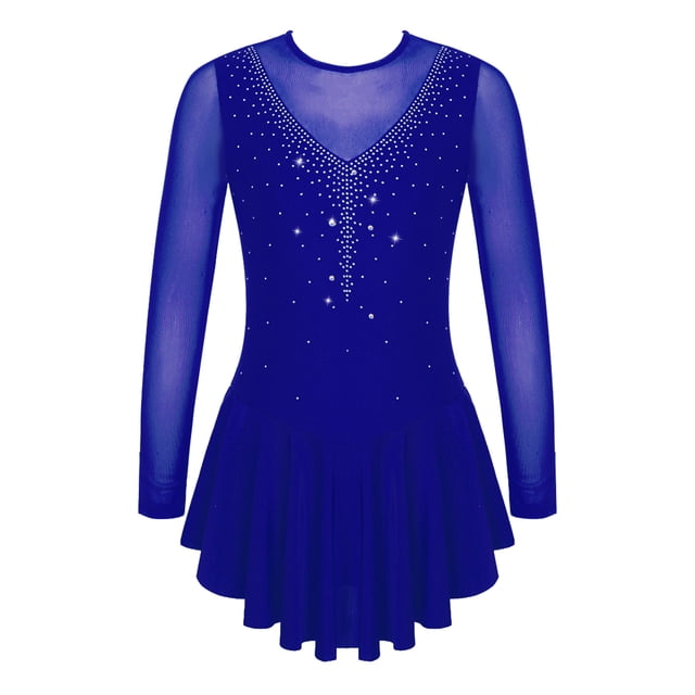 Yeahdor Kids Girls Figure Skating Dress Rhinestone Mesh Irregular Ballet Dan Dress Performance Dancewear Royal Blue 6