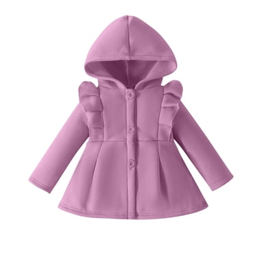 Toddler Girls Fleece Jackets with Hood, Baby Long Sleeve Hooded Jacket, Kids Ruffle Sleeves Button Anorak Winter Coats Outerwear Purples 12Months