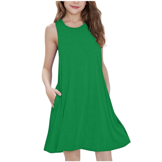 Yuyuzo Robes Midi d'Été pour Filles Amples Décontractées Sans Manches Mignonnes Ligne A Fluides Robe d'Été avec Poches