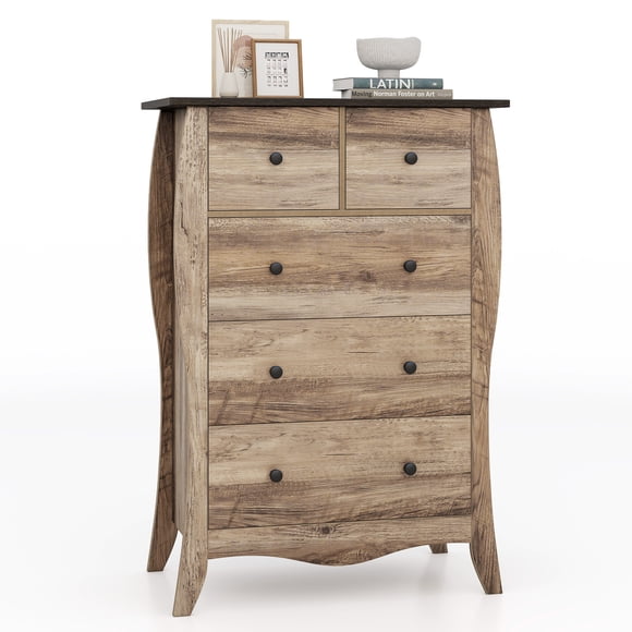 Gymax 38'' Farmhouse Chest of Drawers w/ 5 Folding Fabric Drawers & Anti-tipping Kit Brown
