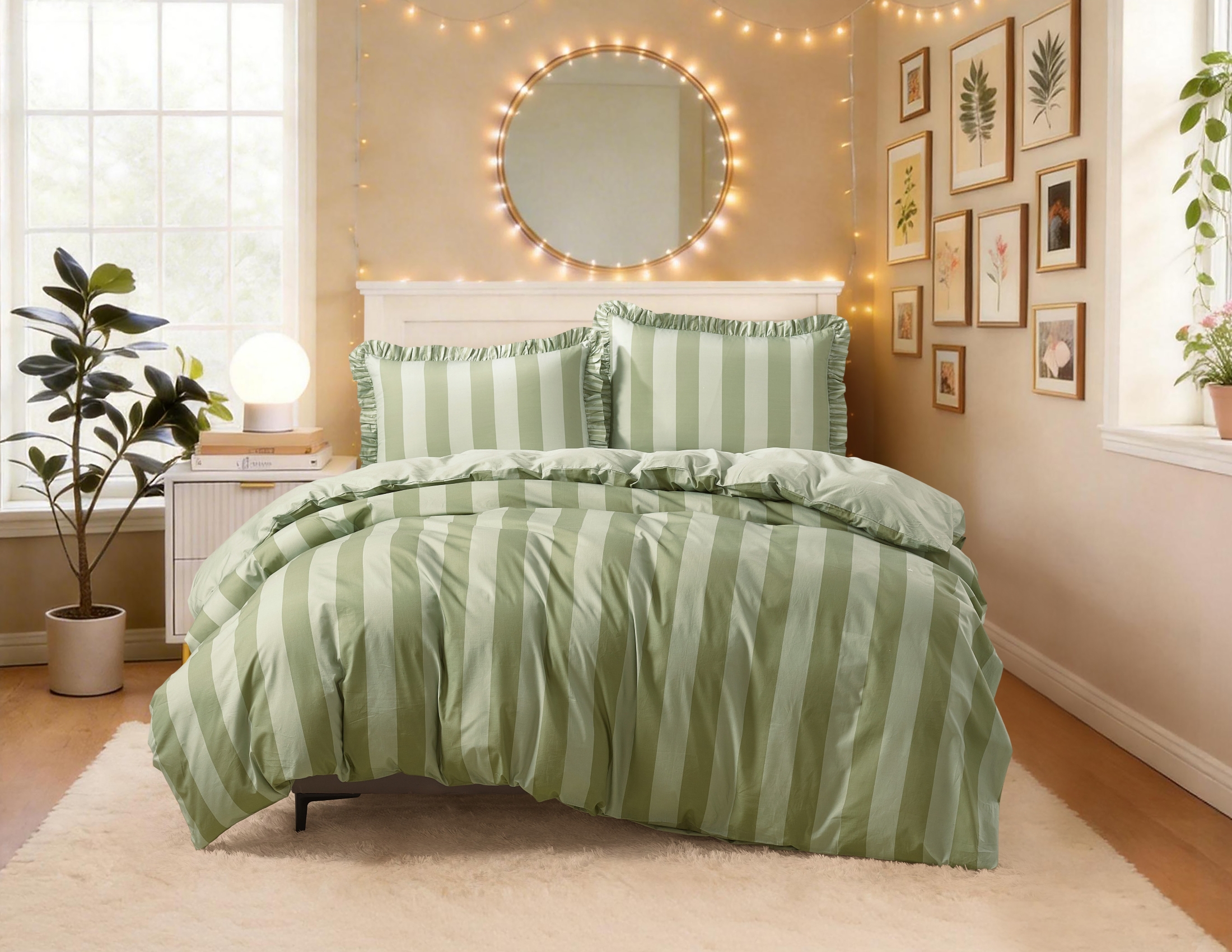 Mainstays Ensemble de housse de couette à rayures volantées Double/Grand lit, 3 pièces, Vert, Adulte