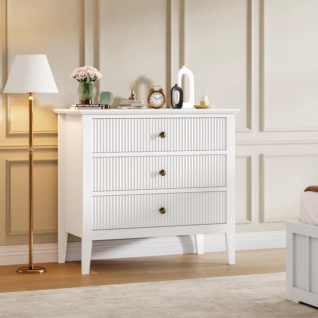 Ourlova Commode Moderne à 3 Tiroirs, devant en Bois Cannelé, Armoire de Rangement de 30 Pouces de Large pour Chambre, Salon Ou Entrée