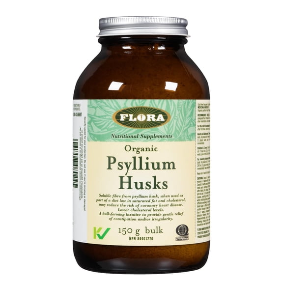 Flora Health Psyllium Husks - Bulk-Forming laxative to Provide Gentle Relief of Constipation - Kosher + Non-GMO + Vegan - 150 Gram Powder, Glass Bottle