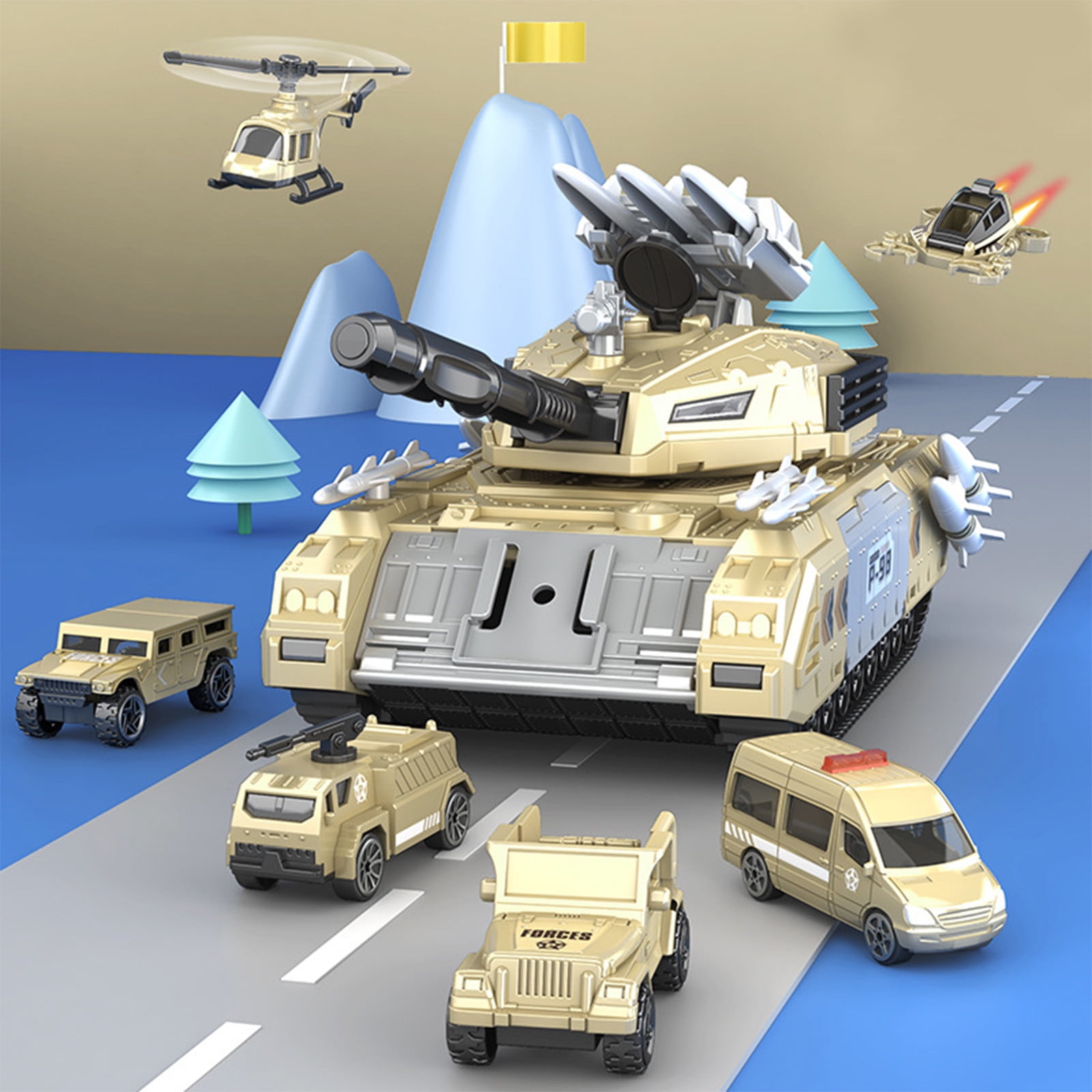 Ensemble De Jouets De Char Militaire – Char De Transport Avec Son Et Lumière, 6 Véhicules Miniatures – Cadeau Pour Garçon 3-6 Ans – Vert – Tourelle Pivotante