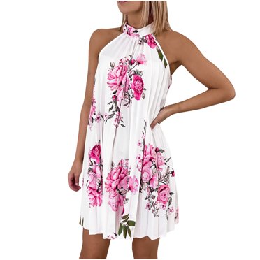 EQWLJWE Robes pour Femmes Robes pour Femmes 2023 Mode Femmes Été Col Licou Sans Manches une Boucle Imprimé Robe Plissée Sans Manches Jupe