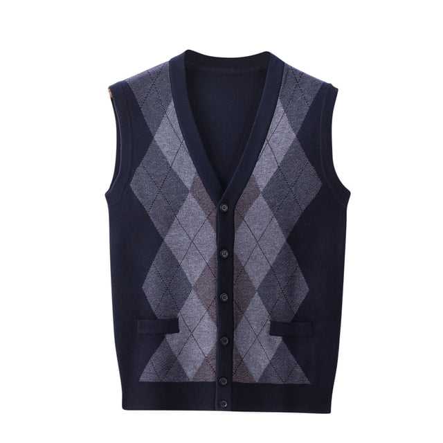 RKSTN Mens Cardigan Sweater Wool Blend Button Up Color Block Stylish Sleeveless V Neck Versatile Cardigan Knit Sweater Vest Coat Spring Fall Style. A men's sleeveless sweater vest with a V-neck, button-up front, and argyle color block pattern in navy and gray tones. Made from a wool blend material, ideal for casual, daily, or work wear during spring and fall seasons. Perfect for layering over shirts or under jackets.