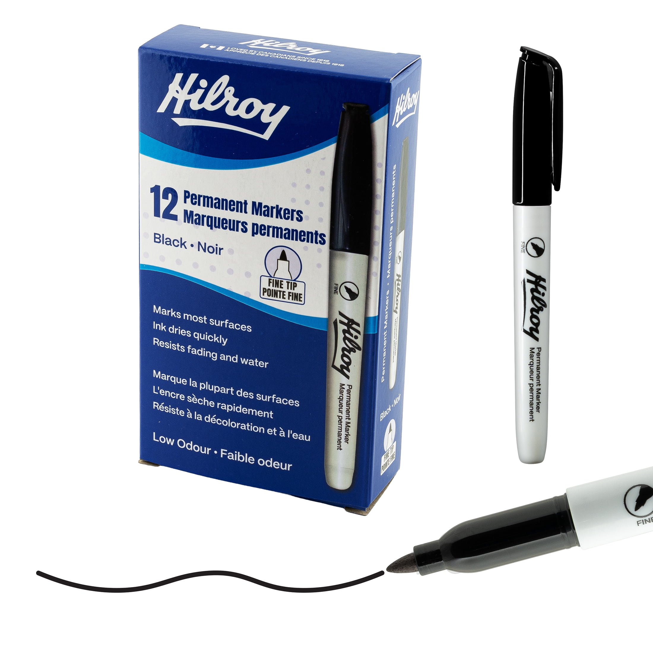 Hilroy Permanent Markers, Permanent Marker, Low Odour Ink, Fine Point, Black, 12 Pack