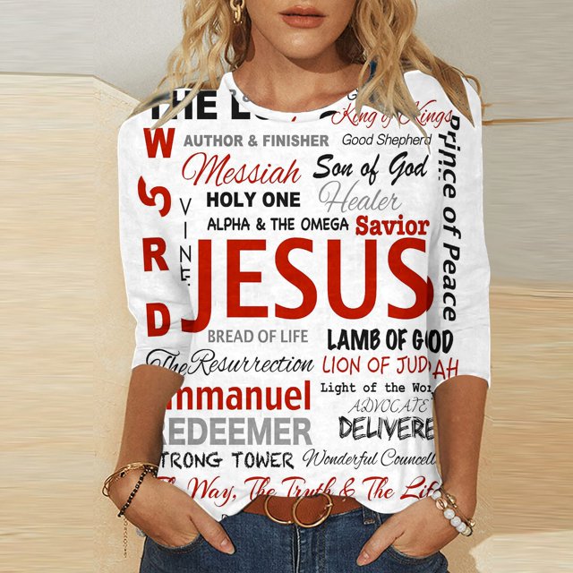 Jovati Blouse de Pâques à Manches Longues à Col Rond pour Femmes, Manches 3/4, Mélange Polyester-Spandex, Coupe Décontractée, Blanc, Lavable à la Machine