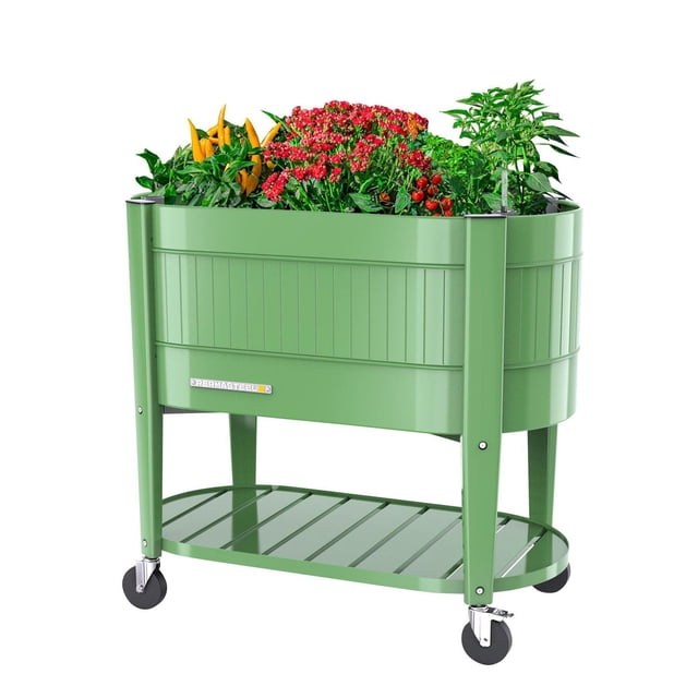 Permasteel Elevated Garden Bed with Engrow Technology in olive green, featuring powder-coated zinc alloy steel construction, Eco-Chamber design for natural air circulation and drainage, caster wheels with locks, built-in water level indicator, and bottom storage shelf, filled with yellow peppers, red flowers, and green plants, suitable for ergonomic outdoor gardening and sustainable growth.