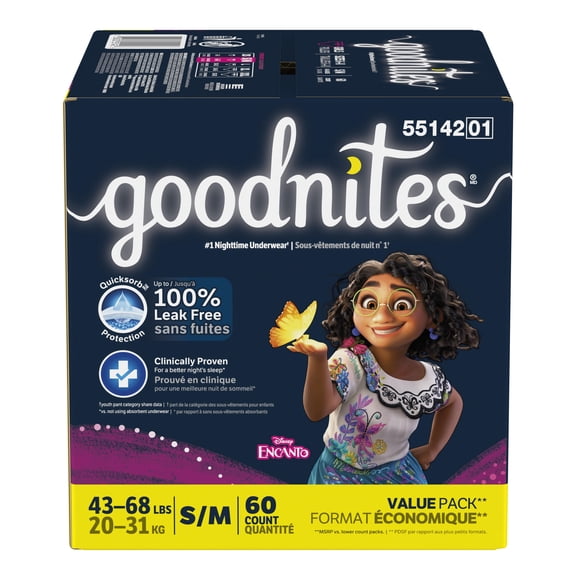Sous-vêtements de nuit Goodnites pour filles, S/M [43 à 68lb]), 60 sous-vêtements