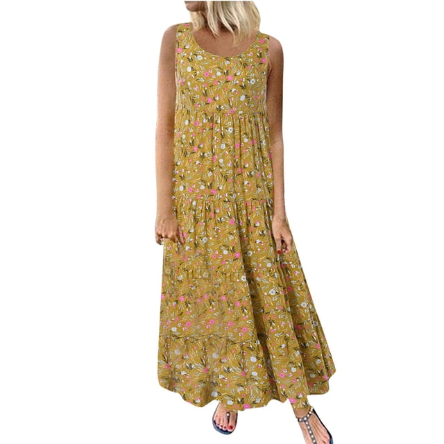 Babysbule Liquidation Robes d'Été pour Femmes, Robe Longue Maxi Décontractée Ample Sans Manches à Imprimé Floral en Lin pour Femmes Grande Taille au Quotidien