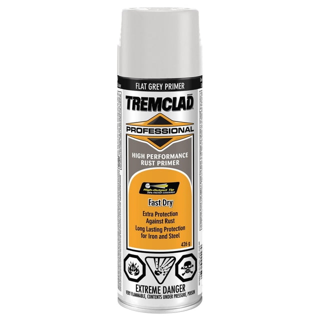 Tremclad Professional Rust Enamel & Primer, Flat Grey Primer spray can with flat grey cap, fast drying formula providing high performance rust protection and long-lasting coverage for iron and steel, 426 g, with hazard warnings for flammability and poison.