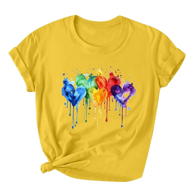 RKSTN Hauts pour Femmes LGBT Décontractés Coupe Ample Hauts Inspirants Égalité Été Mignon Cœur d'Amour Imprimé Manches Courtes Col Rond Pride Shirt