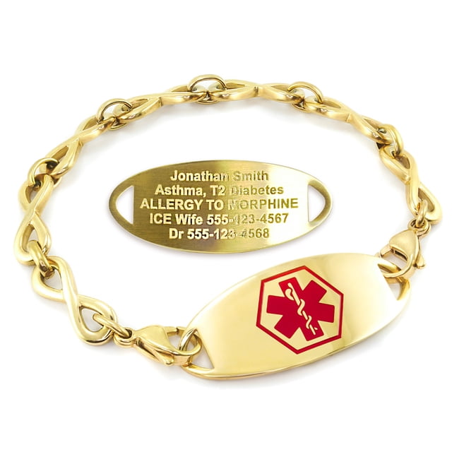MedicEngraved Bracelet d'Alerte Médicale Personnalisé en Acier Inoxydable Or Jaune - Maillon Infini 6 mm