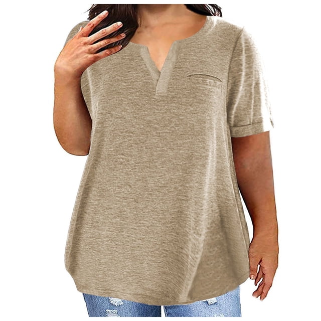 Ladies Top V Neck Fashion Solid Color Short Sleeve Pocket Loose T Shirt