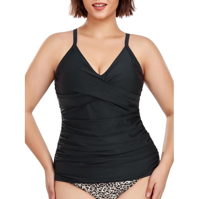 RELLECIGA Women's V Neckline Ruched Tankini Top Swimsuits in solid black, designed with a modest V neckline, twist front molded cup, and ruched torso for a flattering fit. Features wide shoulder straps and a back crisscross adjustable metal button for customizable support. Ideal swimwear for women seeking comfort and style.