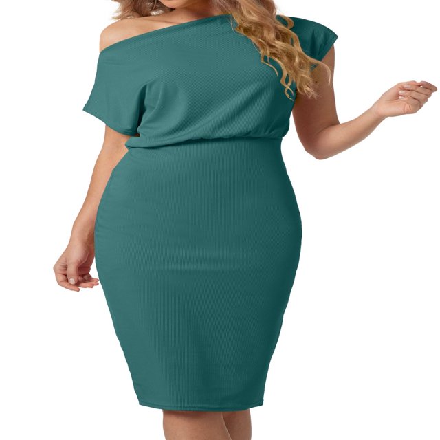 Aiyino Robe Midi Moulante Décontractée de Soirée à Manches Courtes Côtelées pour Femmes, Épaules Dénudées, 2TG Bleu Royal