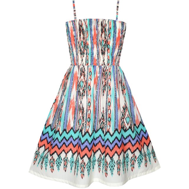 Robe Fille Débardeur à Rayures Smockées Imprimé Vague Robe d'Été 2-3 Ans