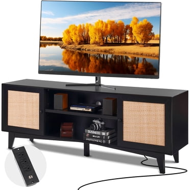VEVOR Meuble Télé en Rotin pour Télé de 75 Pouces Meuble Télé Bohème avec Prise Intégrée Noir