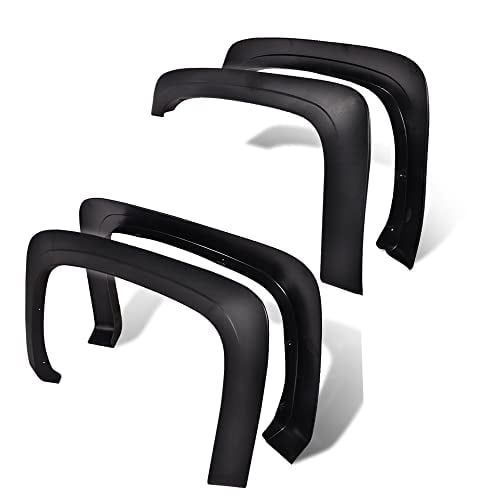 PIT66 Fender Flares, a set of 4 black factory-style wheel flares compatible with Chevy Silverado 1500 (2007-2013) and Silverado 2500HD, 3500HD (2007-2014, not for dually models). Designed for exterior car customization, these durable fender flares provide added protection and a sleek appearance.