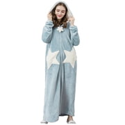 Penkiiy Fleece Hooded Robe Bathrobe Womens Splice Hooded Thicken Coral Fleece Robe Pocket Bathrobe Sleepwear Pajamas L Blue