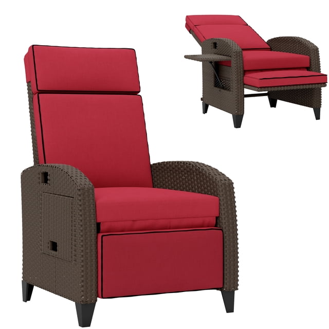 Outsunny Chaise Inclinable d'Extérieur avec Dossier Réglable, Coussin, Rouge. une Chaise Inclinable de patio en Osier PE Tressé à la Main avec des Coussins Rouge Vin avec une Fermeture Éclair pour un Retrait et un Lavage Faciles. Comprend un Dossier et un Repose-Pieds Réglables, un Plateau Latéral pour Plus de Commodité, et une Conception Résistante aux Intempéries Adaptée à la Détente en Plein Air. Dimensions : 25.6 Pouces L x 30.7 Pouces P x 40.2 Pouces H Vertical, 57.5 Pouces L x 25.6 Pouces L x 27.2 Pouces H Incliné