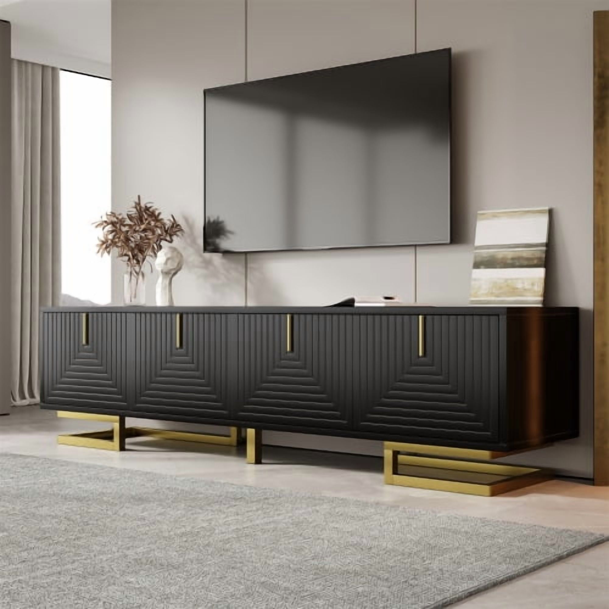 TV Stand with textured doors, TV furniture, gold handles and gold legs
