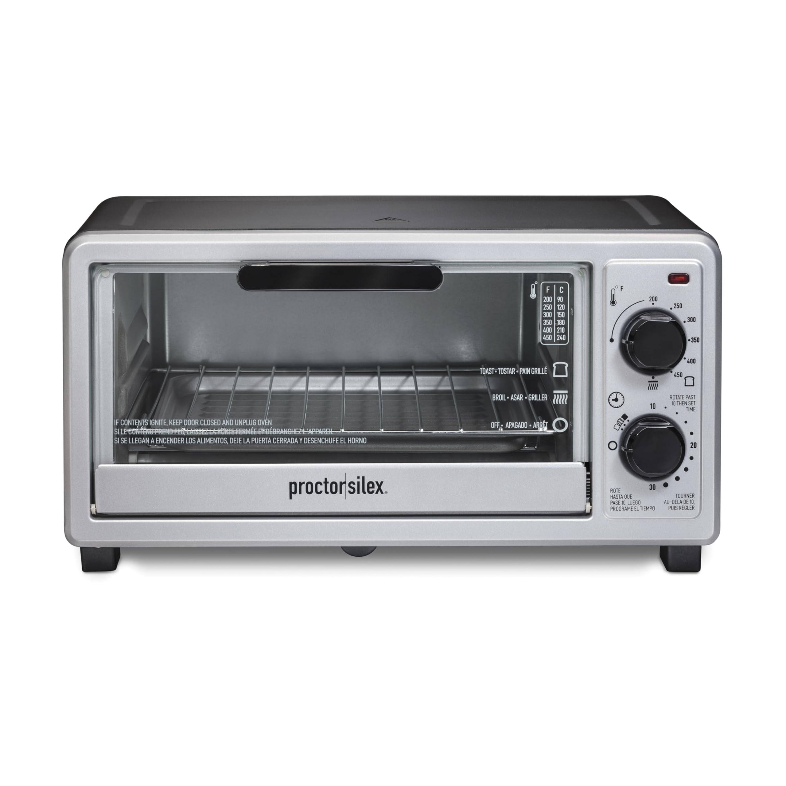 Proctor Silex 4 Slice Countertop Toaster Oven, Multi-Function with Bake, Toast and Broiler, 1100 Watts, 30 min timer and auto-shutoff, Includes Backi