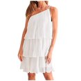 thumbnail image 1 of Women‘s Summer One Shoulder Chiffon Mini Dress Casual Ruffle Pleated Tiered Flowy Short Dresses, 1 of 7