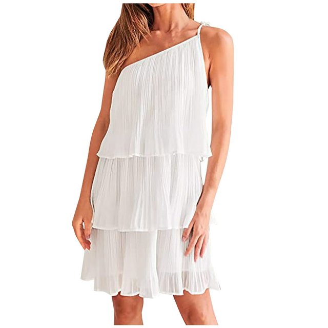 Women‘s Summer One Shoulder Chiffon Mini Dress Casual Ruffle Pleated Tiered Flowy Short Dresses