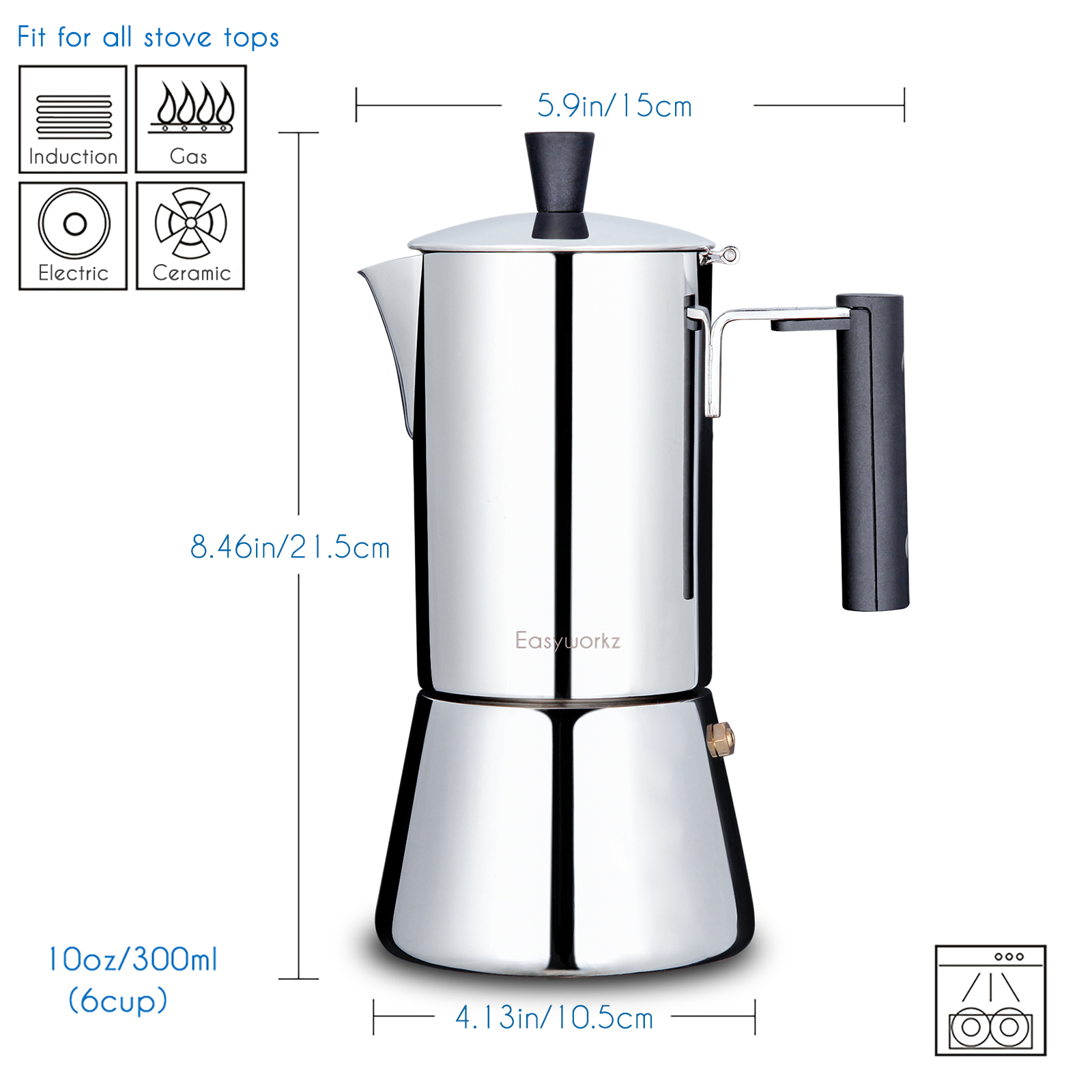 Easyworkz Pedro 4 Cup Stovetop Espresso Maker Stainless Steel