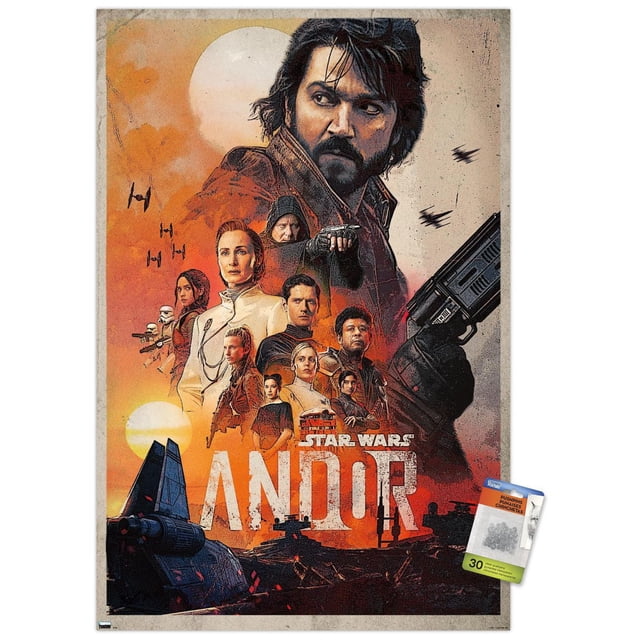Star Wars : Andor - Affiche Murale d'Une Feuille, 22,375 Po x 34 Po, Présentant un collage de Personnages de la Série avec un Fond de Ciel orange, Deux Soleils, des Combattants TIE Volant et un Navire Star Wars au Fond, avec le Titre « Star Wars Andor » en Lettres Blanches Audacieuses, Idéal pour la Déco de la Maison et l'Art Mural.