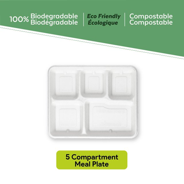 efyPack 5-Compartment Disposable Paper Plates, White, made from plant-based sugarcane fiber. The image shows a single white plate with five distinct compartments for separating main dishes, sides, and desserts. The plate is biodegradable, compostable, and eco-friendly, suitable for hot or cold foods. Text above highlights its eco-friendly and compostable features.