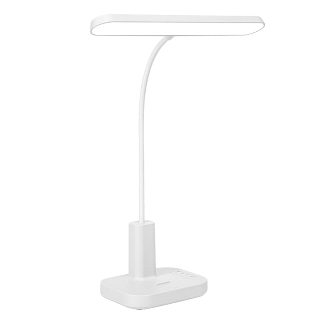 10W LED Reading Lamp Student Study Special Desk Lamp Dormitory Rechargeable Pen Folding Rotating Desk Bedside Lamp in white plastic. Features a slim, adjustable arm and a rectangular base with an integrated pen holder. USB-powered design with eye protection and energy-saving LED lighting, suitable for offices, bedrooms, dormitories, and study rooms.
