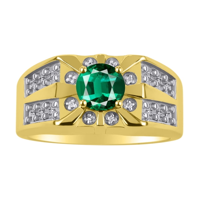 RYLOS Men's Rings 14K Yellow Gold Designer Starburst 7MM Round Gemstone & Diamond Ring Emerald May Birthstone Rings Size 9