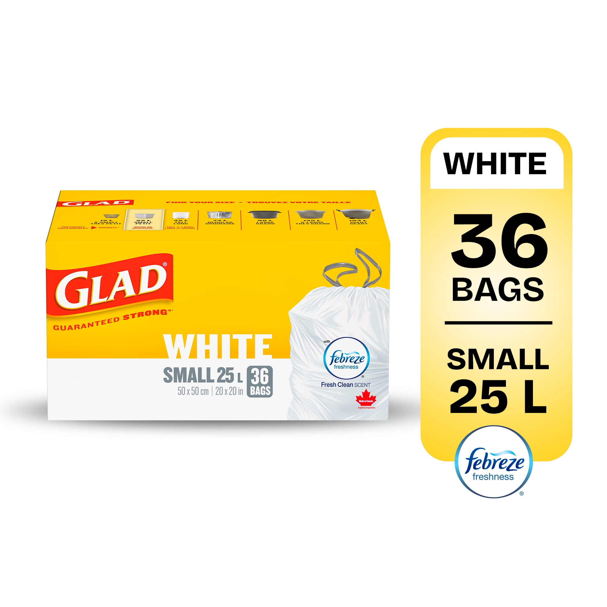 Glad White Garbage Bags - Small 25 Litres - ForceFlex Drawstring, Febreze Fresh Clean Scent, 36 Trash Bags