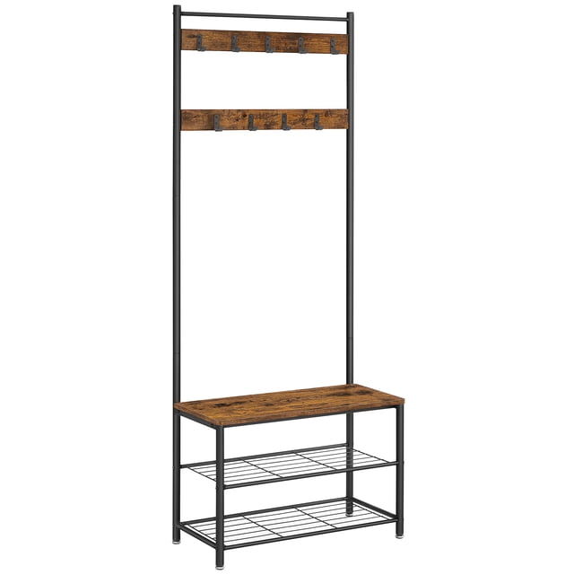VASAGLE Entryway Coat Rack with Shoe Bench and Hall Tree in rustic brown and black. A modern entryway furniture piece featuring a sturdy steel frame, 9 durable hooks for coats and accessories, a particleboard shoe bench, and two metal shelves for shoe storage. Ideal for organizing hallways and entryways.